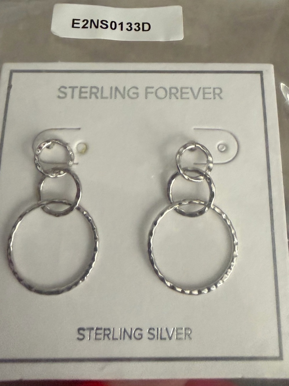 Sterling Silver Hammered Triple Hoop Drop Earrings - Silver